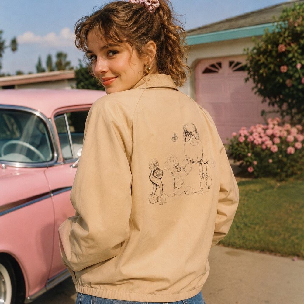 Vtg 80s Pla Jac by Dunbrooke Jacket Sz Large Tan Poodles Full Zip Preppy 50s Ins